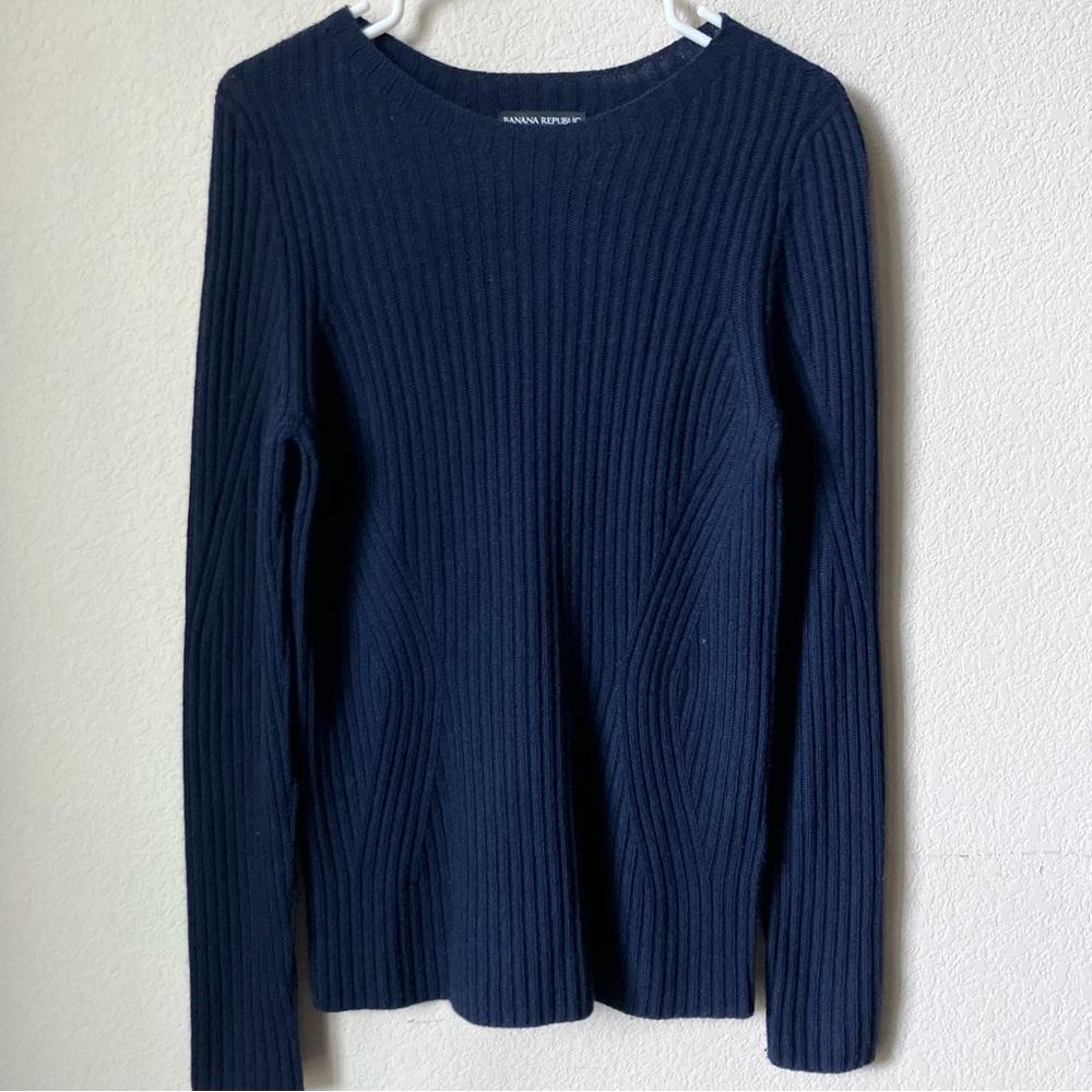 Banana Republic Filpucci Yarn Merino Wool Cashmere Academia Navy Blue Sweater M